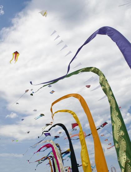 Aquiloni colorati volano nel cielo sotto nuvole bianche.